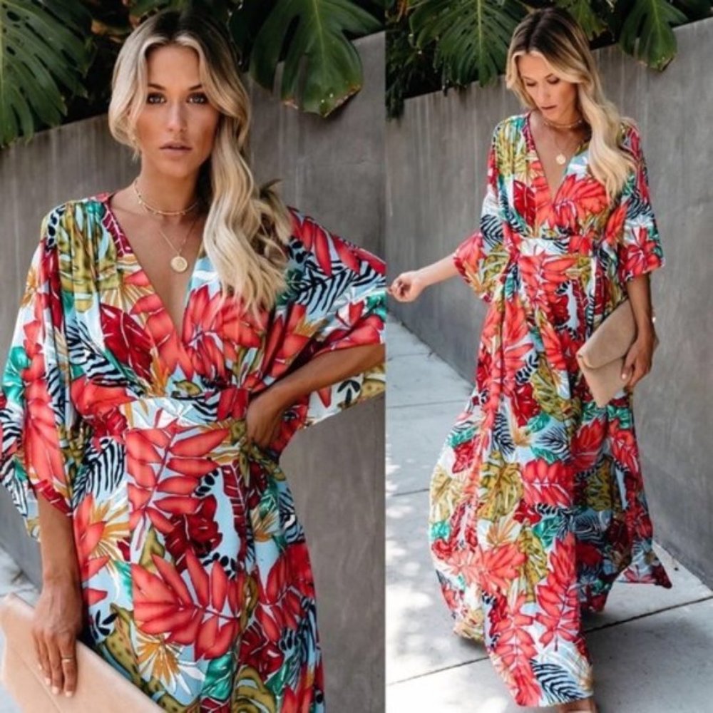 Tropical Sunset Bright Palm Print Maxi Dress - Picture 8 of 8